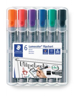 Flipchart marker készlet, 2-5 mm, vágott, STAEDTLER "Lumocolor 356 B", 6 különböző szín